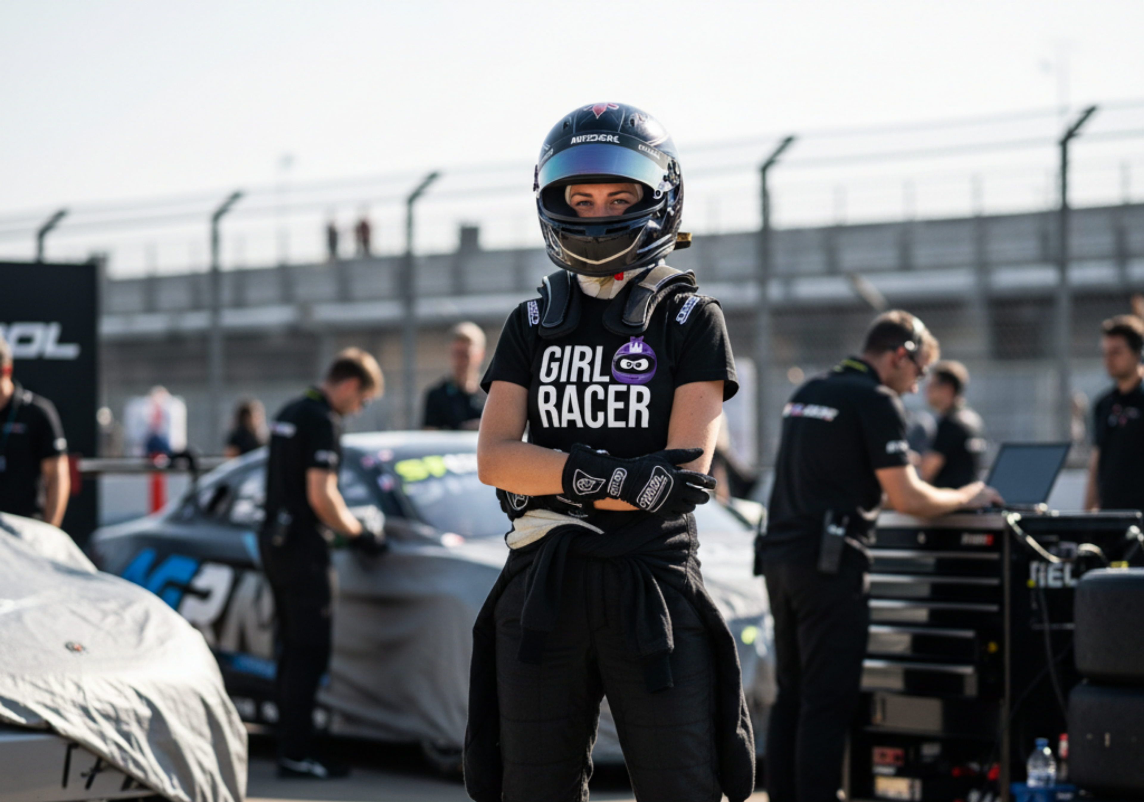 Person wearing a 'Girl Racer' shirt and helmet in a racing environment.